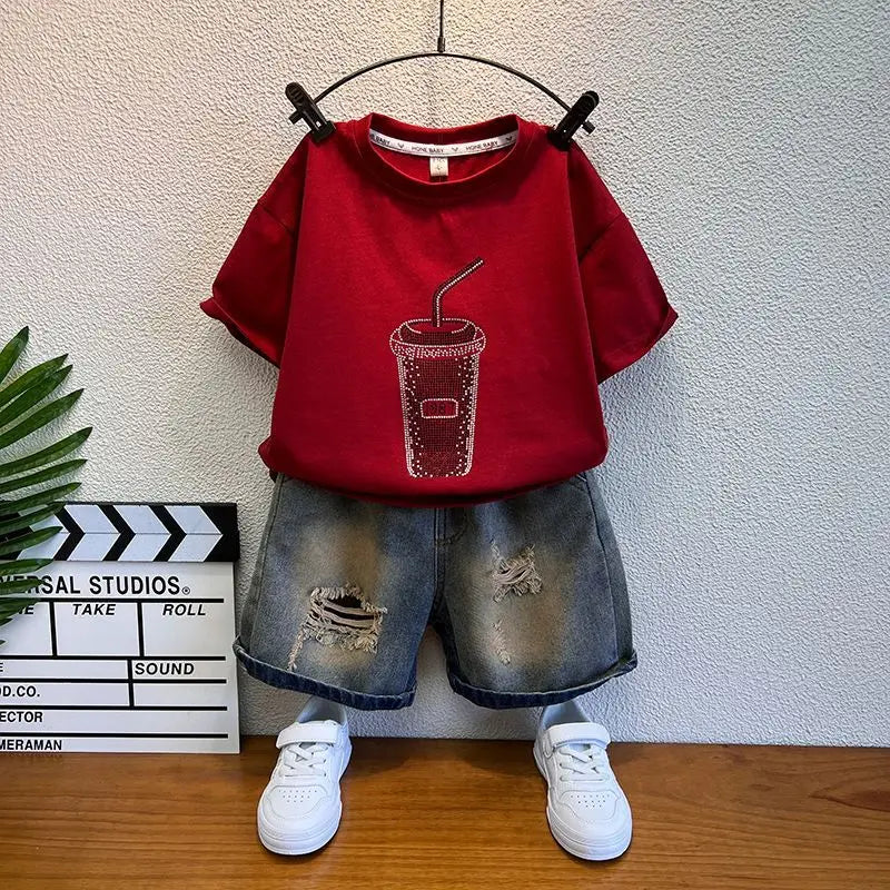Korean Boys Summer Children's Top and Bottom 2PC Sets Short Sleeve T-Shirt & Denim Shorts Kids Clothes 1-7 Years Black Toddler (Available)