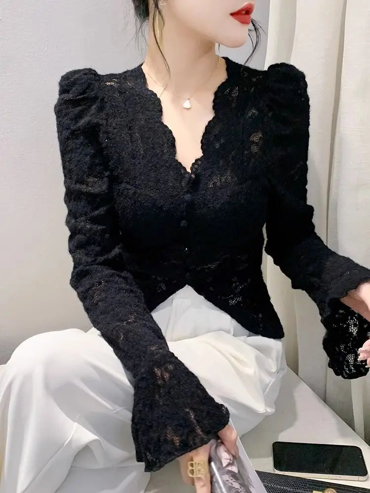 Spring Summer Lace T-shirt Slim Women V-neck Long Sleeve Shirt Button Irregular Short Tops Puff Sleeves Vintage Chic Design Tees