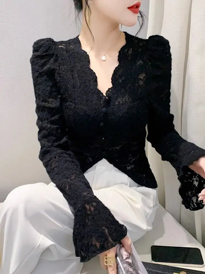 Spring Summer Lace T-shirt Slim Women V-neck Long Sleeve Shirt Button Irregular Short Tops Puff Sleeves Vintage Chic Design Tees