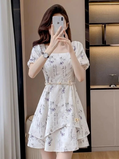 Summer New Chinese Sle Square Collar Bubble ort Sve Retro Waist Cinched A-Line  Dr Women's Faion Sweet Princ