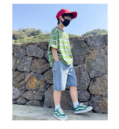 Tween Boy Summer Clothing Set Child Casual Cotton Stripe T-shirt & Denim Shorts 2 Piece Suit Teenage Kids Luxury Clothes Costume