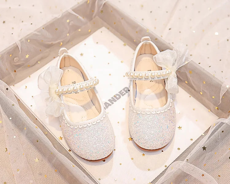 Fashion Girls Mary Janes for Party Wedding Shows Bow Pearls Elegant Princess Shoes Chic Kids Shoes Non-slip Children Fashion
