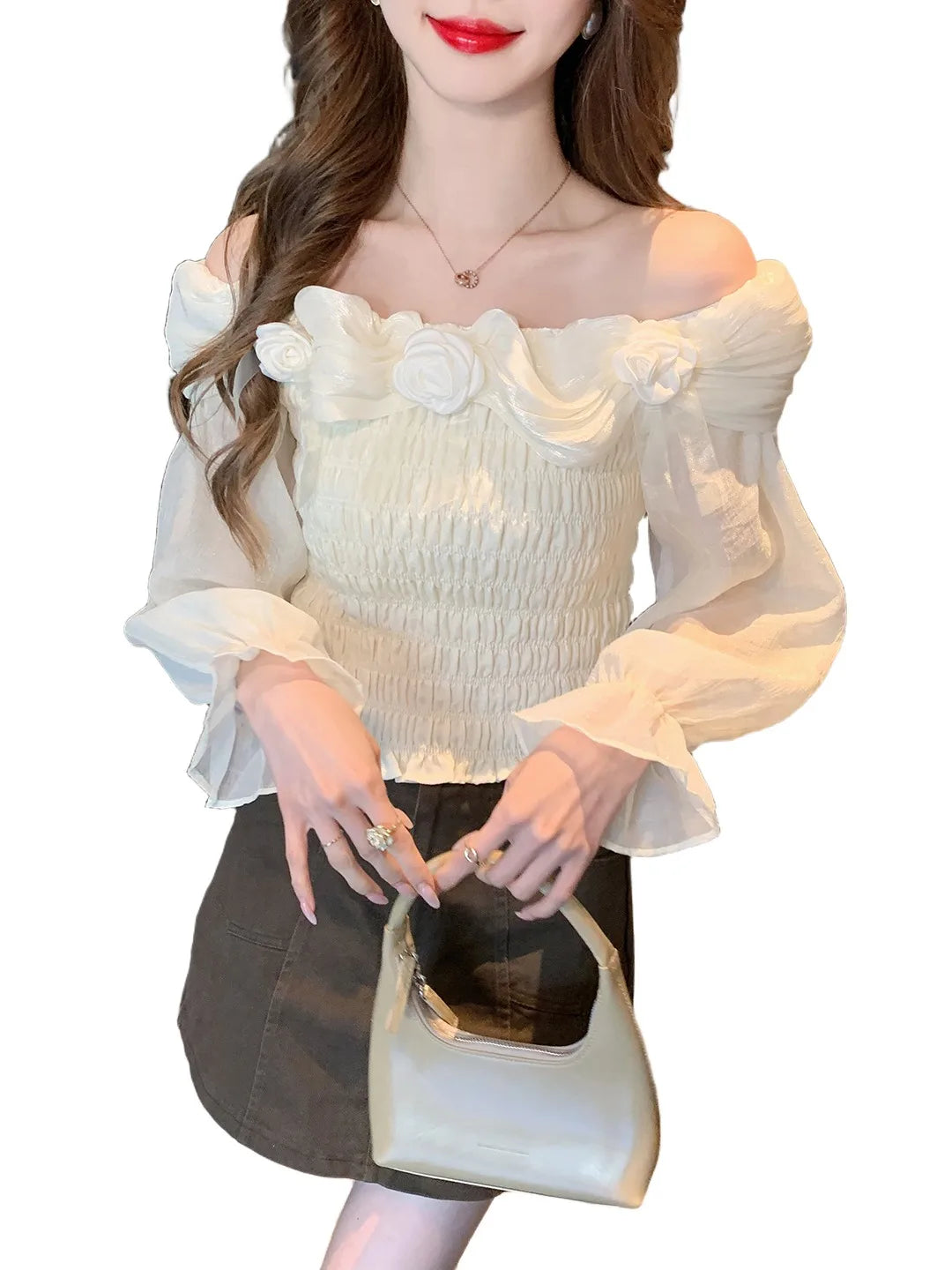 Sweet oulder One-oulder 3D Flower Bell Sve Women's irt Spring New Sle Waist Cinching Beautiful Top Ci Walk ort...