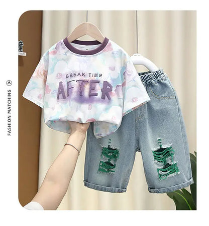 New Children's Printed Thin T-shirt+ hole Denim Shorts Teenager Boys Summer Fashion outfits