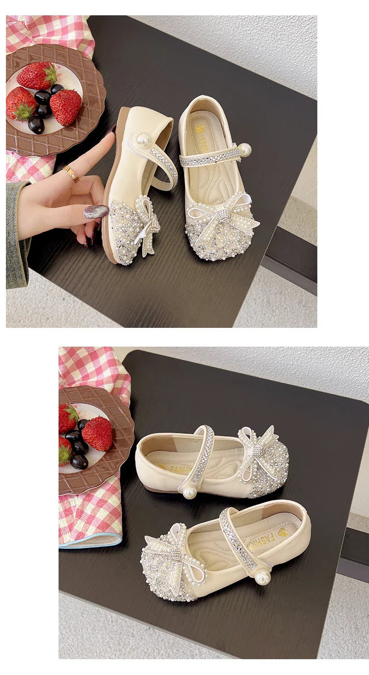 Girls Sparkly Rhinestone Bow Leather Shoes New Spring Toddler School Dance Flats Soft Sole Princess Kid Party Wedding Shoes