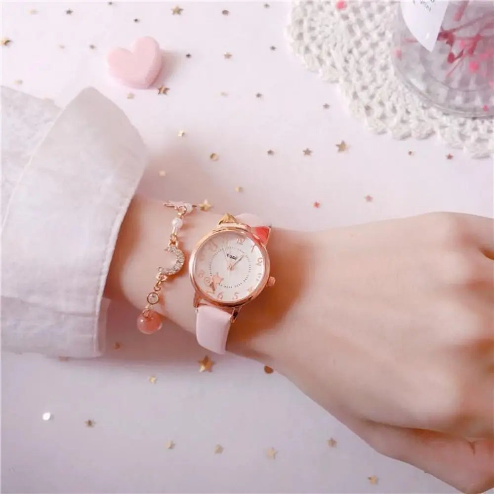 High Quality Quartz Clock Watch Bracelet Set Leather Watchband Casual Quartz Watch Cute Cat Ear Bracelet