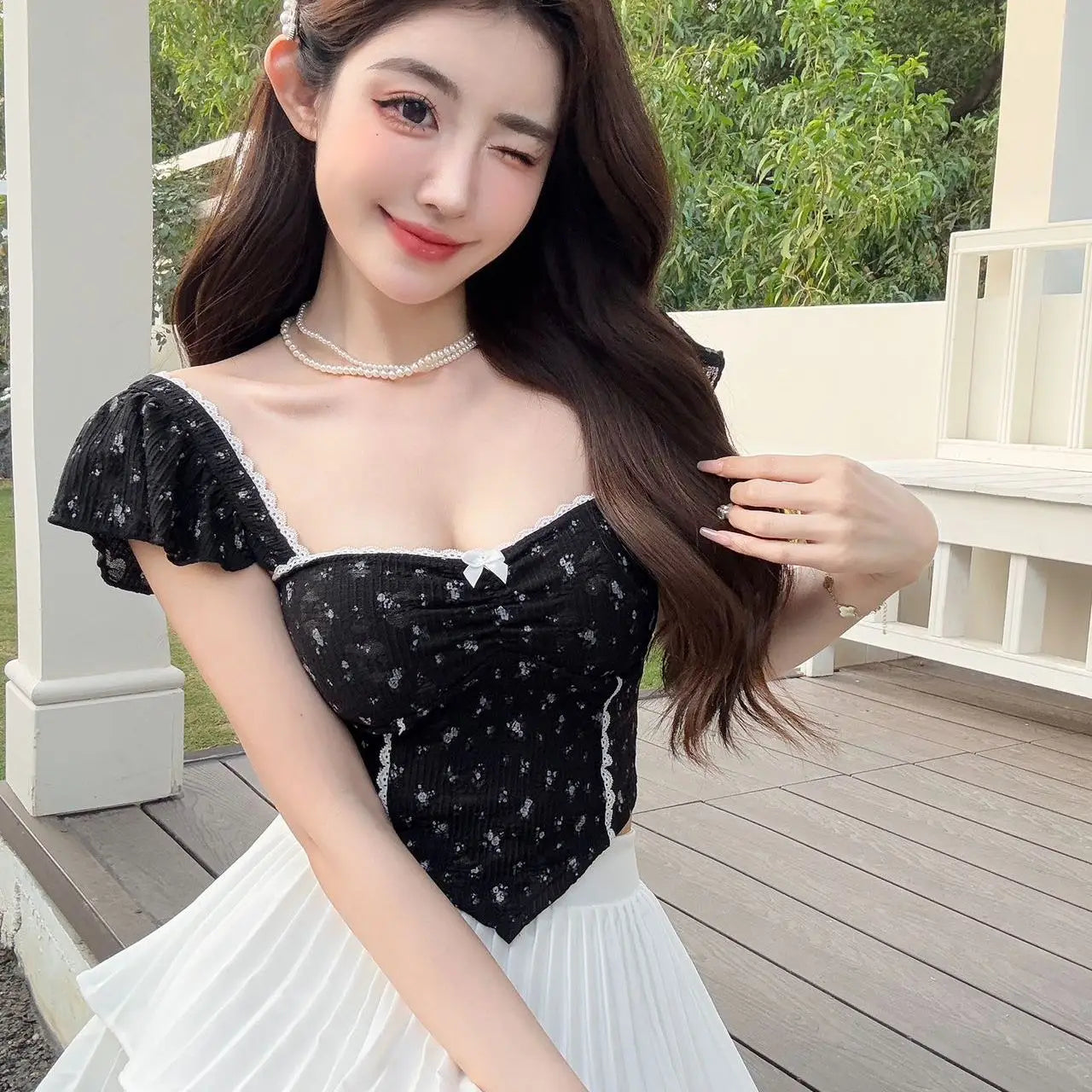Summer New Pure Desire Sweet Floral Print off oulder Crop Top Slimming  with Chest Pad Versatile Women's Vest