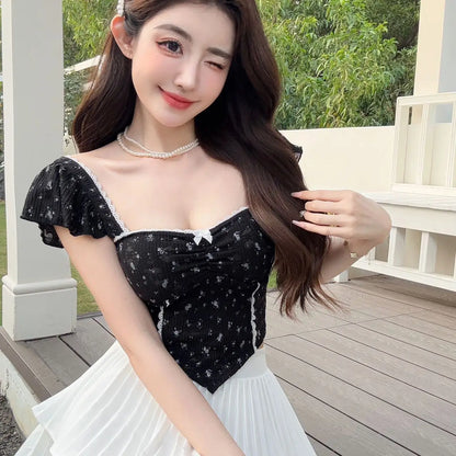 Summer New Pure Desire Sweet Floral Print off oulder Crop Top Slimming  with Chest Pad Versatile Women's Vest