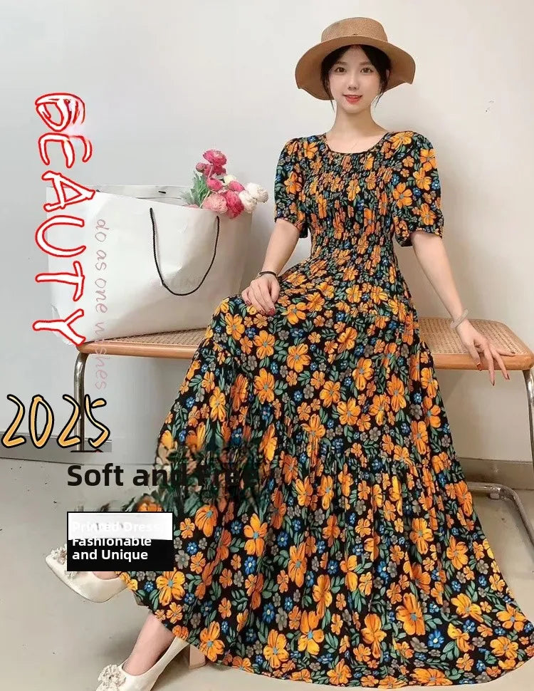 Summer New Cotton Silk Dr Casual High Waist Floral Print Beachwear Outerwear Slimming Waist Long Skirt A-Line Gown
