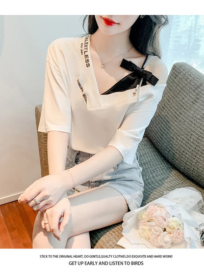 Unique Design oulder Bared ort Sve V-Ne Loose T-irt for Women  Knot Print Splice Asymmetrical Korean Sle