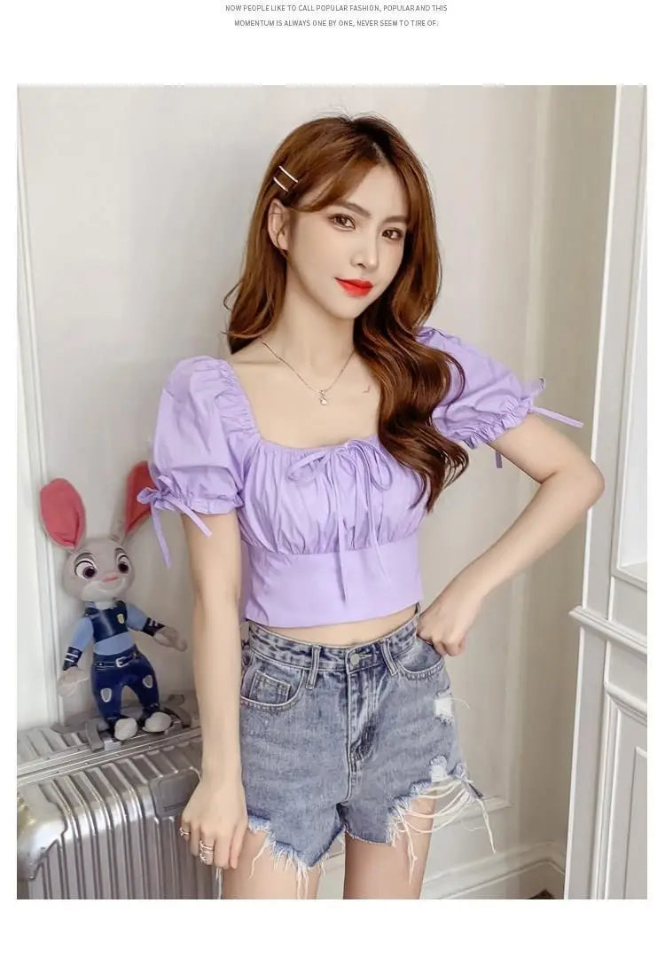New Women's One-shoulder Lace-up Short Sleeve Waist-hugging Top