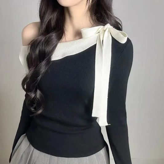 Women's Knitted Sweater Chic oulder Bow Design Long Sve Sweet Inner Wear Base irt Korean Sle Faionable Top