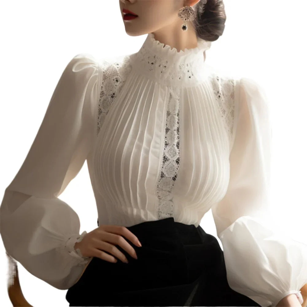 Spring Ladies Patchwork Lace Hollow Out Long Sleeve Shirt Tops New Korean Fashion Women's Solid Color Stand Collar Blouses