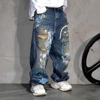 High End Men'S Clothing Hip Hop Graffiti Baggy Jeans For Men Streetwear Skateboard Ripped Jeans Korean Trendy Denim Trousers  ( Available )
