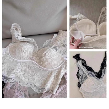 French Lace Lingerie Gathered No Steel Ring Bra Deep V Neck Sexy Wire Free Bras Underwear Tank Tops Padded Camisole Vest