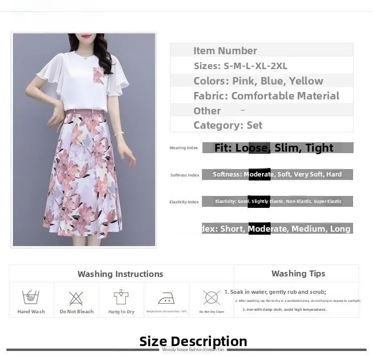 Floral Print Chiffon Dr Set Women's Summer Faion Slimming ular f-length Skirt Two-piece Set round Ne ort Sve