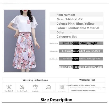 Floral Print Chiffon Dr Set Women's Summer Faion Slimming ular f-length Skirt Two-piece Set round Ne ort Sve