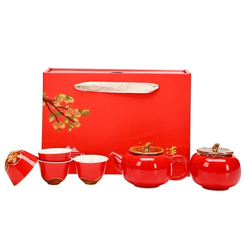 Auspicious Red Ceramic Tea Set Gift Box - Chinese New Year Wedding Corporate Gifts, Good Fortune Design Teapot & Cups