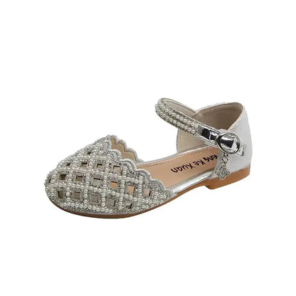 Children Spring Summer Korean Version Dance Shoes Girls Pearl Show Shoes Girl Rhinestone Princess Lace Leather Shoes Solid Color
