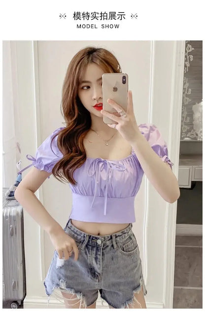 New Women's One-shoulder Lace-up Short Sleeve Waist-hugging Top