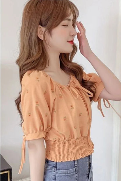 Sweet Broken Flower Women Short Shirts Elegant O-Neck Bow Tie Blouses Korean Fashion Elastic Waist Puff Sleeve Blouses 2025 New
