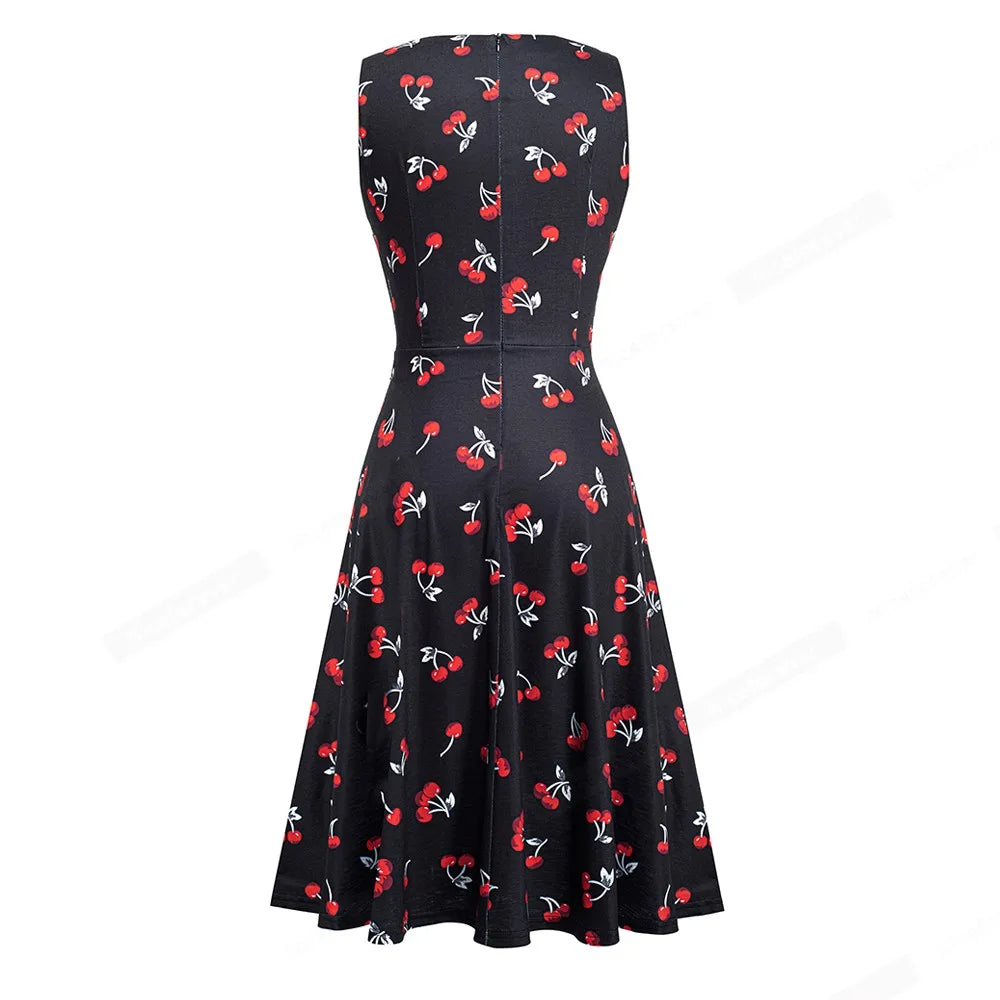 Women Vintage Casual Round Neck A line Summer Elegant Floral Lace Patchwork Sleeveless Tunic Party Swing Dress HA079