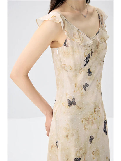 ZIQIAO Chiffon Summer Long Dress Sleeveless Bow Print Female A-LINE Dress Short Sleeve Polyester Dress24ZQ92353+24ZQ92319