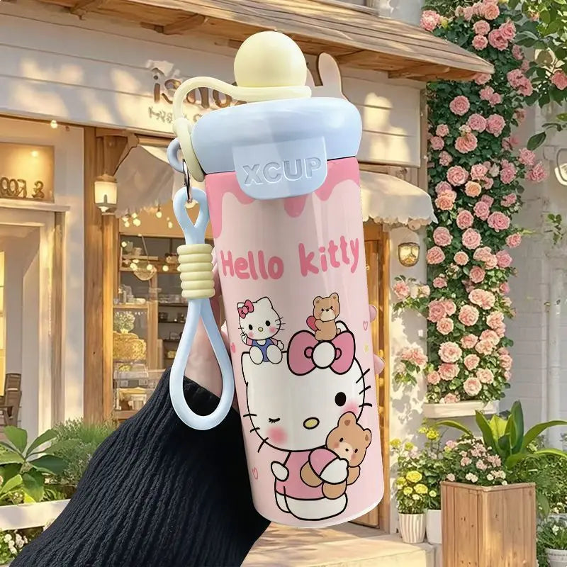 600ml Sanrio Hello Kitty Vacuum Thermos Cup SS316 Insulated Coffee Mug with Lifting Rope Portable Outdoor Drinking Water Kettle