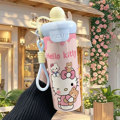 600ml Sanrio Hello Kitty Vacuum Thermos Cup SS316 Insulated Coffee Mug with Lifting Rope Portable Outdoor Drinking Water Kettle