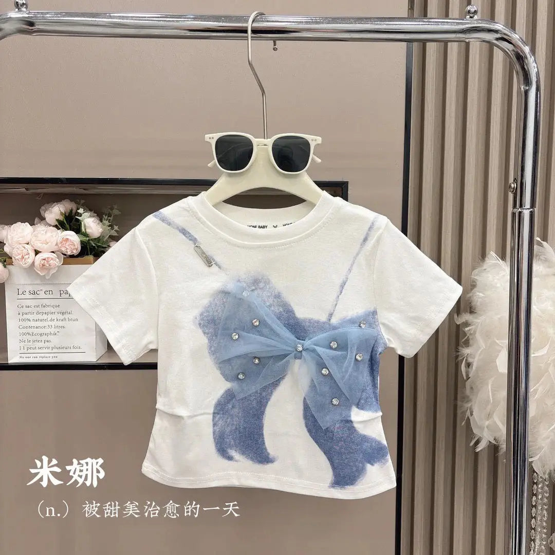 2025 Summer Girls Three-dimensional Bow Round Neck Solid Color Short Sleeve Fashionable Versatile Bow Culottes Two-piece Set