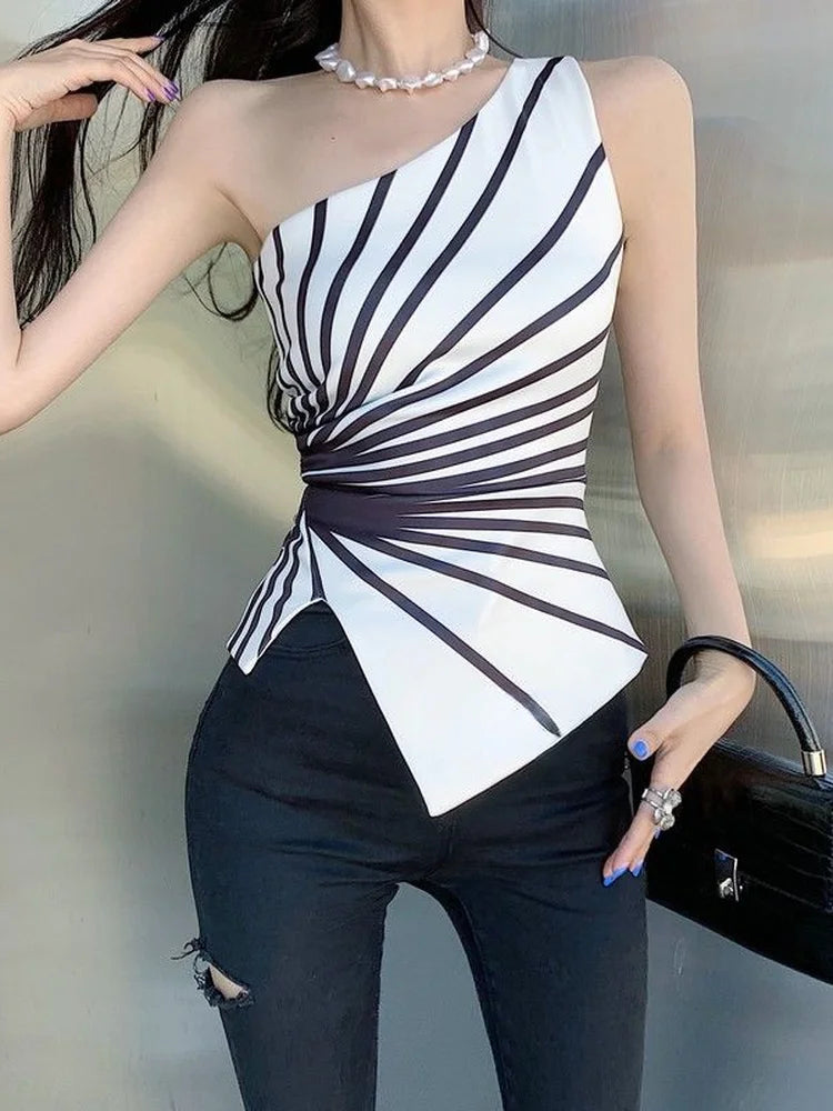 Y2k Sleeveless Irregular Tank Top Women Sexy Skinny Striped Design Corset Stretch Tube Streetwear 2026 Summer One Shoulder Tanks