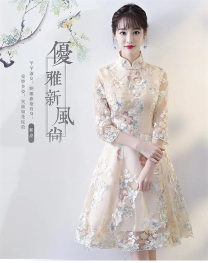 Spring Autumn Female Cheongsam Style Long Dresses Women Half Sleeve Lmproved Maxi Dress 2025 Ladies Fashion Solid Color Vestidos