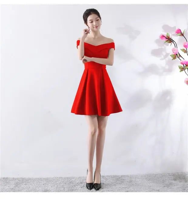 Ele ort aduation Host Dr One oulder Slimming A-Line Skirt Sweet Evening Gown Polyester Fiber Zipper Waist