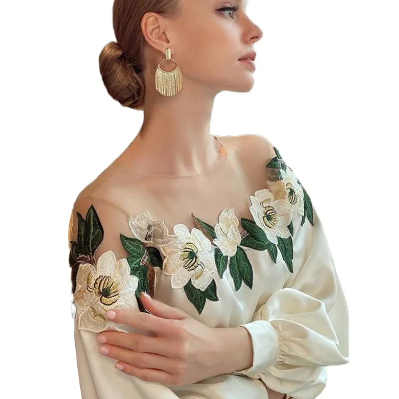 Embroidered Heavy Work Satin Patchwork irt Women's Sle Spring New Arrival Long Sve round Ne Fly Sve Lace Top