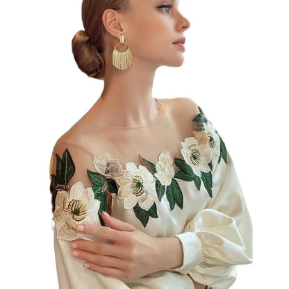 Embroidered Heavy Work Satin Patchwork irt Women's Sle Spring New Arrival Long Sve round Ne Fly Sve Lace Top