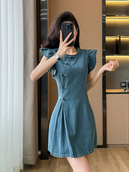Women's ort Denim Dr A-Line Waist Cinching round Ne Button Sle High Waist Slimming Spring Summer Cotton Blend