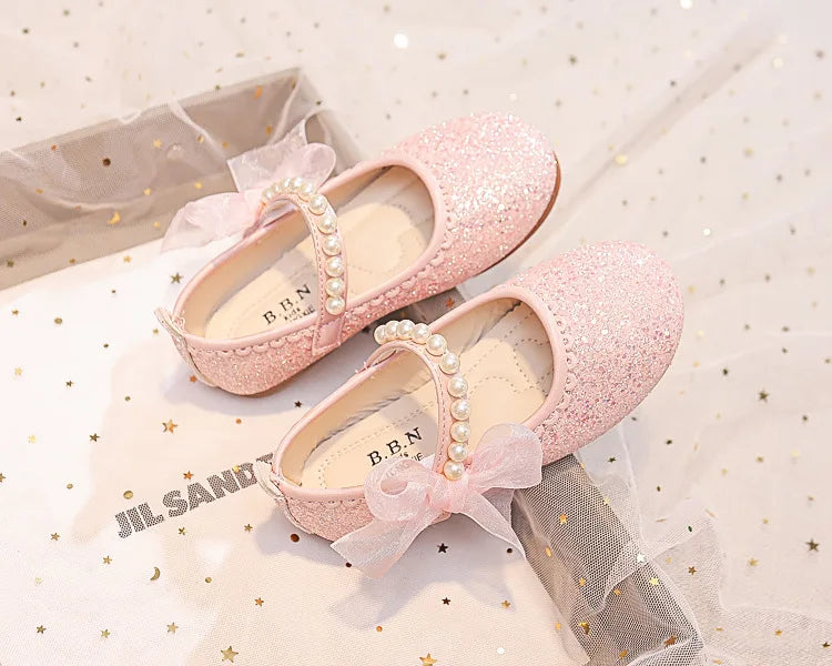 Fashion Girls Mary Janes for Party Wedding Shows Bow Pearls Elegant Princess Shoes Chic Kids Shoes Non-slip Children Fashion