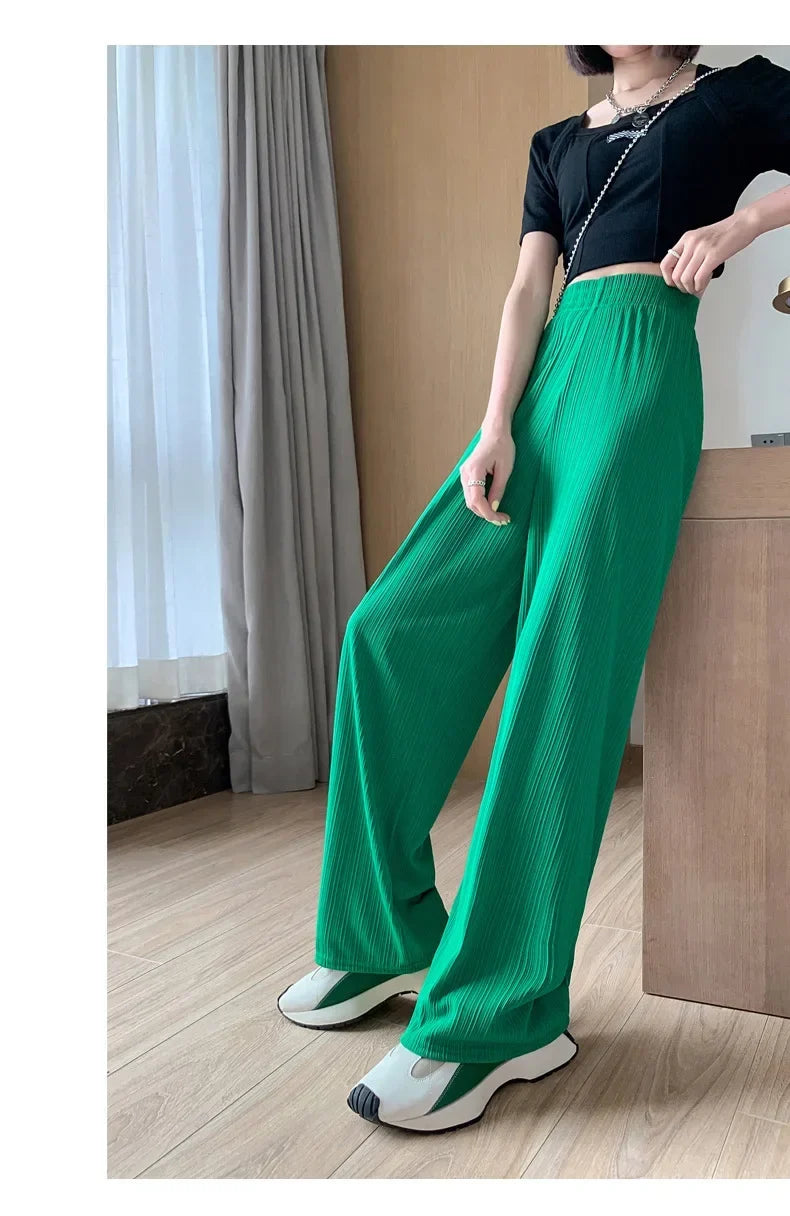 Korea Dongdaemun Ice Silk Wide-leg Pants Women's Thin Slimming Floor Pants White Striped Pants Y2K Fashion Pants Baggy (Available)