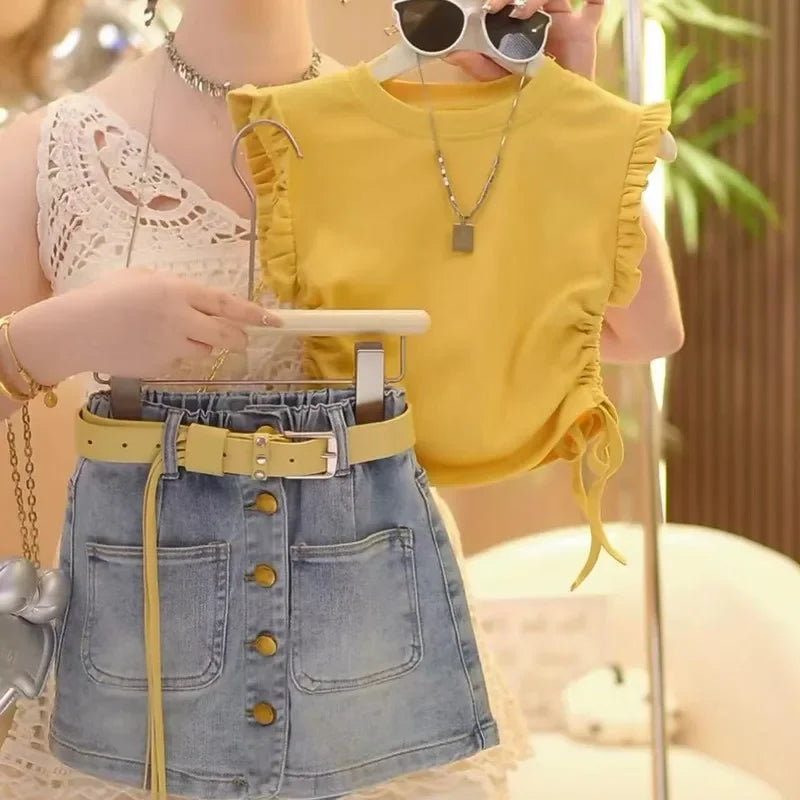 Girls' Summer Set 2026 New Children's Summer Sleeveless Yellow T-shirt+Cowboy Skirts Two-piece Set Without Belt