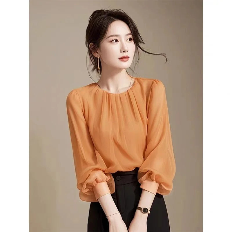 Autumn Winter Ladies Solid Color Blouse Jacket 2025 Female Long Sleeves Tops Coat Korean Women Fashion Round Neck Chiffon Shirt