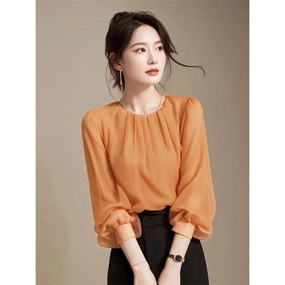 Autumn Winter Ladies Solid Color Blouse Jacket 2025 Female Long Sleeves Tops Coat Korean Women Fashion Round Neck Chiffon Shirt