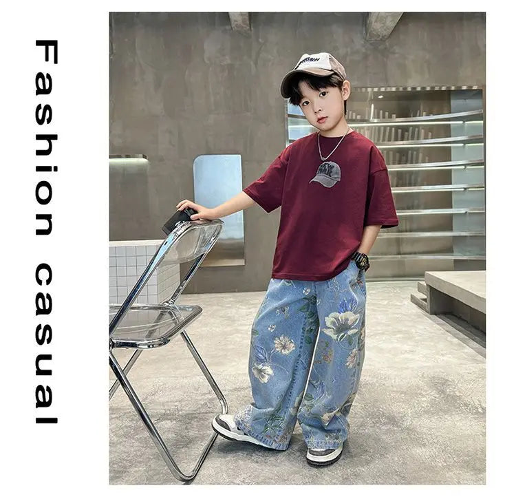 Boys' Summer Outfit Sets New Style Children's Short Sleeved T-shirt Long Pants Two-piece Suits Big Children's Stylish Sets