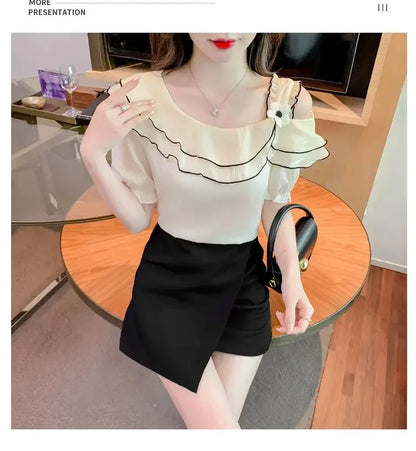 Sweet Slash Neck Off Shoulder Ruffles Blouses Female Clothing 2025 Summer New Loose Solid Color Korean Tops Puff Sleeve Shirts