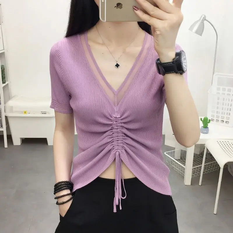 Ice Silk Short Sleeve T-shirt for Women in Summer New Thin V Neck Drawstring Solid Color Casual Tops Fashion Office Clothing