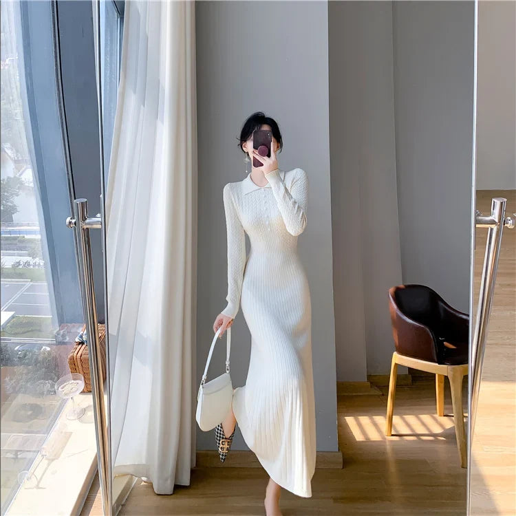 Sweater Dress Women New  Autumn Winter Purple White Or Black High Waist A Line Dress Elegant Long Knitted Dress (Available)