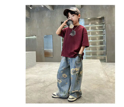 Boys' Summer Outfit Sets New Style Children's Short Sleeved T-shirt Long Pants Two-piece Suits Big Children's Stylish Sets