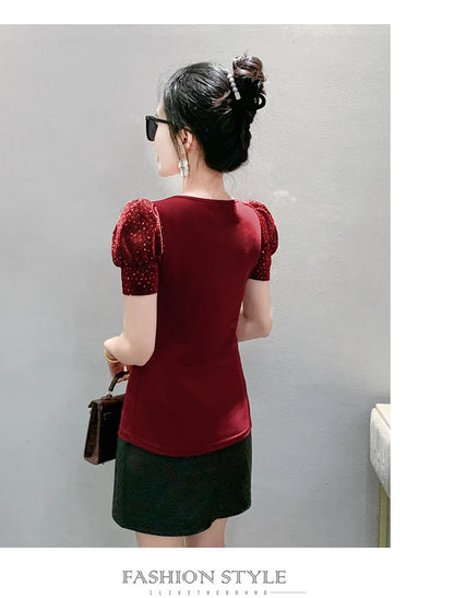 Women's Chic Youthful Square Neck Puff Sleeve T-Shirt Shimmery Floral Summer Blouse  Slim Fit Trendy Top