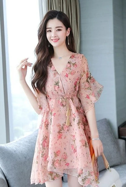 Chiffon Floral V-neck Ruffle Woman Dress Promotion Elegant and Pretty Korean Style Fashion Summer 2025 Chic Dresses for Women