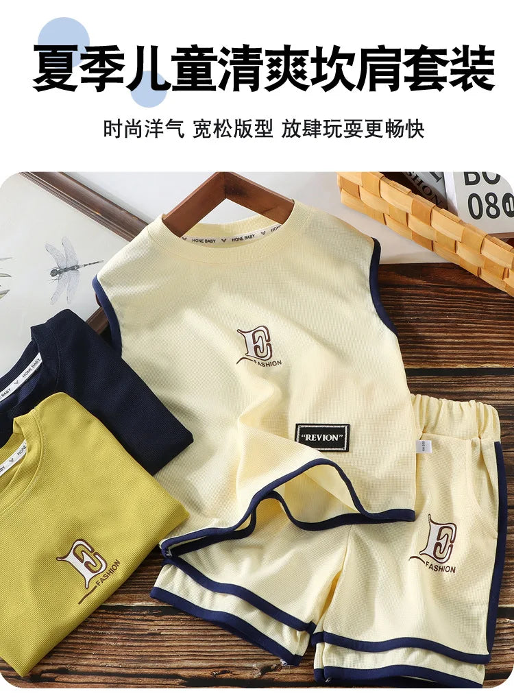 Kids Clothing Sets Summer Sleeveless T-shirt +shorts 2pcs/set Sport Suits for Boys Waffle Baby Sports Tracksuits Toddler Outfits