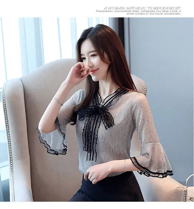 Chiffon Base Shirt with Mid Sleeves Versatile New Spring Sweet and Fashionable Korean Women's Top